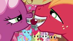 Size: 1280x720 | Tagged: safe, screencap, apple bloom, big macintosh, cheerilee, cup cake, scootaloo, sweetie belle, earth pony, pony, hearts and hooves day (episode), cheerimac, cherry, cutie mark crusaders, hearts and hooves day, male, shipping, stallion, straight, wingboner, you know for kids