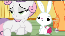 Size: 1920x1080 | Tagged: safe, derpibooru import, screencap, angel bunny, sweetie belle, just for sidekicks, lidded eyes, scrunchy face