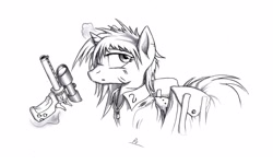 Size: 3000x1800 | Tagged: safe, artist:whitepone, derpibooru import, oc, oc only, oc:littlepip, pony, unicorn, fallout equestria, black and white, clothes, fanfic, fanfic art, female, glowing horn, grayscale, gun, handgun, little macintosh, magic, mare, monochrome, pencil drawing, revolver, simple background, solo, telekinesis, traditional art, vault suit, weapon, white background