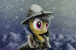 Size: 800x524 | Tagged: safe, artist:hewison, derpibooru import, daring do, clothes, snow, snowfall, solo