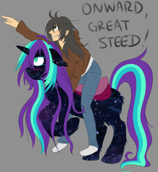 Size: 1882x2056 | Tagged: safe, artist:homumu, derpibooru import, oc, oc:andromeda, human, pony, unicorn, crossover, duo, horn, kaiji, messy mane, pointing, rearing, riding, speech, unicorn oc