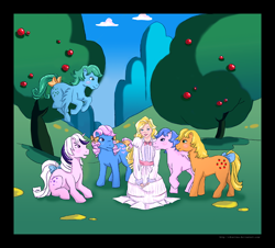 Size: 1000x902 | Tagged: safe, artist:sikuriina, derpibooru import, applejack (g1), bow tie (g1), firefly, medley, megan williams, twilight, human, g1