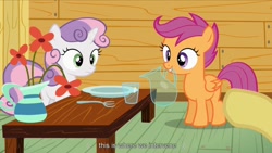 Size: 1176x662 | Tagged: safe, derpibooru import, edited screencap, screencap, apple bloom, scootaloo, sweetie belle, one bad apple, caption, cutie mark crusaders, mouth hold, youtube caption