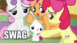 Size: 960x540 | Tagged: safe, derpibooru import, angel bunny, apple bloom, scootaloo, sweetie belle, just for sidekicks, image macro, swag