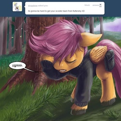 Size: 600x600 | Tagged: safe, artist:aphexangel, derpibooru import, scootaloo, ask, ask stalkerloo, clothes, solo, stalkerloo, tree, tumblr