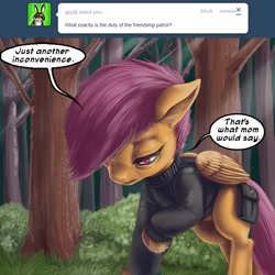 Size: 600x600 | Tagged: safe, artist:aphexangel, derpibooru import, scootaloo, ask, ask stalkerloo, clothes, hooves, solo, stalkerloo, tree, tumblr