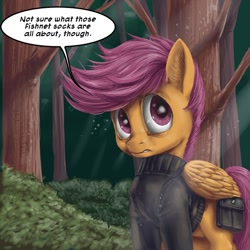 Size: 600x600 | Tagged: safe, artist:aphexangel, derpibooru import, scootaloo, ask, ask stalkerloo, clothes, implications, solo, stalkerloo, tree, tumblr