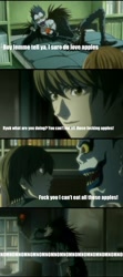 Size: 1010x2273 | Tagged: safe, derpibooru import, apple, apple.mov, barely pony related, comic, death note, parody, parody of a parody, ryuk, shinigami