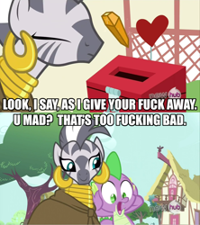 Size: 1024x1153 | Tagged: safe, derpibooru import, spike, zecora, dragon, zebra, image macro, vulgar