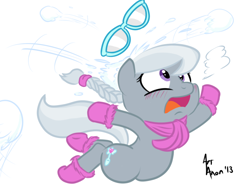 Size: 800x600 | Tagged: safe, artist:aa, derpibooru import, silver spoon, abuse, clothes, filly, glasses, gloves, mittens, scarf, silverbuse, snow, snowball, snowball fight, solo, spoonabuse, winter