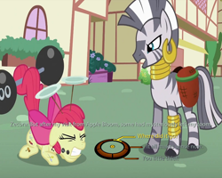Size: 750x600 | Tagged: safe, derpibooru import, edit, edited screencap, screencap, apple bloom, zecora, earth pony, pony, zebra, the cutie pox, cropped, cutie pox, dialogue wheel, duo, fake cutie mark, female, filly, gritted teeth, mare, mass effect, multiple cutie marks, plate spinning, prehensile tail, weight lifting, weights
