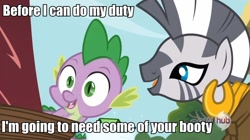 Size: 834x467 | Tagged: safe, derpibooru import, screencap, spike, zecora, dragon, zebra, just for sidekicks, caption, female, implied foalcon, innuendo, male, out of context