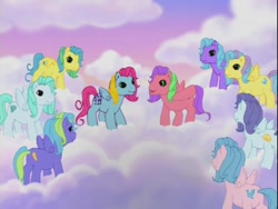 Size: 640x480 | Tagged: safe, derpibooru import, screencap, coconut grove, island delight, thistle whistle, pegasus, pony, friends are never far away, g3, background pony, bubbles pony, cloud, cloud pony, cloudy
