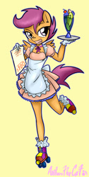 Size: 961x1912 | Tagged: safe, artist:anibaruthecat, scootaloo, anthro, clothes, dress, drink, roller skates, solo, waitress