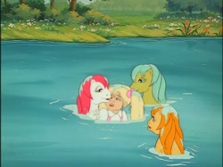 Size: 640x480 | Tagged: safe, derpibooru import, molly williams, ripple (g1), sea shimmer, sun shower, g1, my little pony 'n friends, baby sea ponies, bedroom eyes, hug, water, wet, wet mane