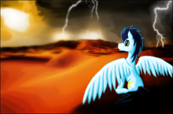 Size: 900x593 | Tagged: safe, artist:sevenada, derpibooru import, soarin', pegasus, pony, blue coat, blue mane, male, solo, stallion, wings