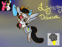 Size: 1400x1050 | Tagged: safe, artist:cotton, derpibooru import, oc, oc only, oc:lightning dee, oc:windows, pegasus, pony, abstract background, bow, clothes, female, flying, gradient background, homestuck, mare, plushie, shoes, solo, spread wings, sweater