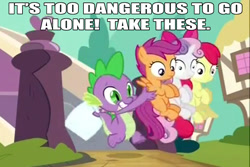 Size: 800x535 | Tagged: safe, derpibooru import, apple bloom, scootaloo, spike, sweetie belle, dragon, cutie mark crusaders, image macro