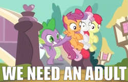 Size: 735x471 | Tagged: safe, derpibooru import, apple bloom, scootaloo, spike, sweetie belle, dragon, just for sidekicks, bridge, image macro