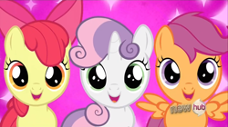 Size: 1440x809 | Tagged: safe, derpibooru import, screencap, apple bloom, scootaloo, sweetie belle, just for sidekicks, cute, cutie mark crusaders, excited