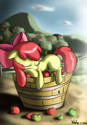 Size: 2000x2850 | Tagged: safe, artist:neko-me, derpibooru import, apple bloom, earth pony, pony, adorabloom, apple, apple tree, bucket, cute, female, filly, sleeping, solo, tree