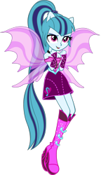 Size: 1724x3000 | Tagged: safe, artist:doctor-g, sonata dusk, equestria girls, rainbow rocks, boots, clothes, cute, fin wings, fingerless gloves, floating, gloves, high heel boots, open mouth, ponied up, pony ears, ponytail, simple background, smiling, solo, sonatabetes, sparkles, transparent background, vector, wings