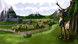 Size: 1920x1080 | Tagged: safe, artist:archonix, derpibooru import, reindeer, armor, bridge, castle, drawbridge, fanfic art, featureless crotch, forest, grass, house, male, moat, mountain, plot, river, scenery, smoke, solo, stag, town, village, wall