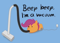 Size: 1991x1423 | Tagged: safe, artist:manateemckenzie, derpibooru import, scootaloo, beep beep, vacuum cleaner, wat