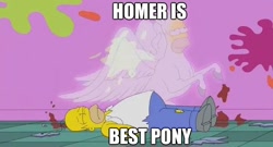 Size: 622x336 | Tagged: safe, derpibooru import, ghost, horse, pegasus, pony, barely pony related, best pony, eyes closed, floating, flying, frown, homer simpson, image macro, implied death, lidded eyes, male, on back, smiling, spread wings, the simpsons, wings