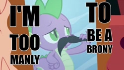 Size: 640x360 | Tagged: safe, derpibooru import, spike, dragon, anti-brony, hater, image macro, irony, manliness, mirror, moustache, proud