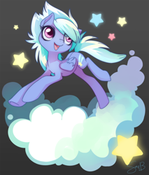 Size: 800x941 | Tagged: dead source, safe, artist:sambragg, derpibooru import, cloudchaser, pegasus, pony, cloud, cute, cutechaser, eye clipping through hair, female, mare, open mouth, smiling, solo, stars