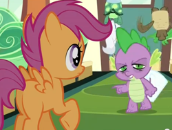 Size: 466x350 | Tagged: safe, derpibooru import, screencap, gummy, opalescence, owlowiscious, scootaloo, spike, tank, dragon, just for sidekicks, cropped, out of context, plot, pointing, stoner spike