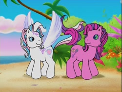 Size: 640x480 | Tagged: safe, derpibooru import, skywishes, star catcher, friends are never far away, g3, beach, butterfly island, intertwined tails, knot, looking at each other, pegasus promise, shipping fuel