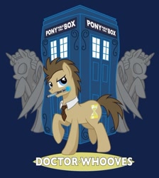 Size: 534x595 | Tagged: safe, artist:hezaa, derpibooru import, doctor whooves, earth pony, pony, blue background, crossover, doctor who, necktie, raised hoof, raised leg, sonic screwdriver, tardis, weeping angel, weeping angels