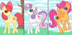 Size: 1024x507 | Tagged: safe, artist:chao-illustrations, derpibooru import, apple bloom, scootaloo, sweetie belle, cutie mark crusaders, older