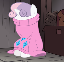 Size: 1500x1445 | Tagged: safe, artist:avastindy, derpibooru import, sweetie belle, clothes, crossover, cute, diasweetes, gravity falls, mabel pines, sad, sweater, sweater town, the hand that rocks the mabel