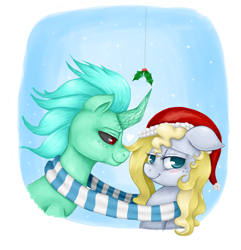 Size: 2600x2700 | Tagged: safe, artist:evomanaphy, oc, oc only, oc:emerald chord, oc:evo, earth pony, pony, unicorn, evorald, holly, holly mistaken for mistletoe, shipping