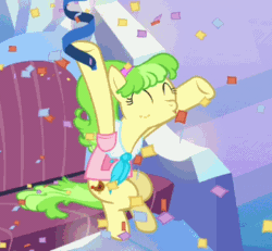 Size: 390x360 | Tagged: safe, derpibooru import, screencap, chickadee, ms. peachbottom, games ponies play, animated, cheering, open mouth, smiling, vibrating