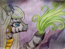 Size: 918x688 | Tagged: safe, artist:ossami, derpibooru import, zecora, zebra, simple background, solo, traditional art