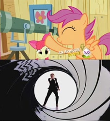 Size: 500x550 | Tagged: safe, derpibooru import, apple bloom, scootaloo, exploitable meme, gunbarrel, james bond, telescope, telescope meme, this will end in tears, this will end in tears and/or death