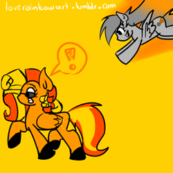 Size: 500x500 | Tagged: safe, artist:loverainbow, derpibooru import, oc, oc only, oc:meteor, oc:solar flair, pegasus, pony, 30 minute art challenge, exclamation point, female, mare, pounce, sunglasses