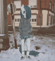 Size: 500x554 | Tagged: safe, artist:lonelycross, marble pie, anthro, animated, bipedal, choker, city, clothes, hair over one eye, hoodie, irl, lonely inky, photo, ponies in real life, shoes, skirt, socks, solo