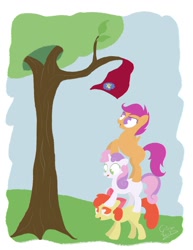 Size: 900x1164 | Tagged: safe, artist:citron--vert, derpibooru import, apple bloom, scootaloo, sweetie belle, pile, scootaloo can't fly, tree