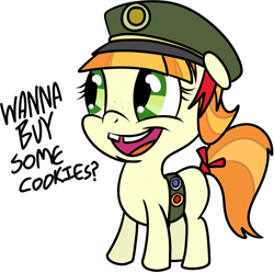 Size: 1670x1660 | Tagged: safe, artist:corwin, derpibooru import, tag-a-long, cute, filly, filly guides, freckles, gap teeth, grin, hat, open mouth, smiling, solo, tail bow, thin mint