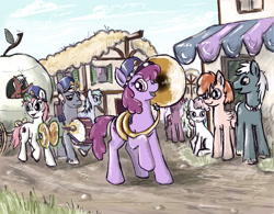 Size: 1280x996 | Tagged: safe, artist:agm, derpibooru import, berry punch, berryshine, pegasus, pony, unicorn, drums, filly, float, marching band, musical instrument, parade, ponyville, tuba