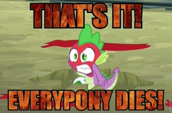 Size: 703x465 | Tagged: safe, derpibooru import, edit, edited screencap, screencap, spike, dragon, just for sidekicks, angry, fire, image macro, rage, rage face, solo