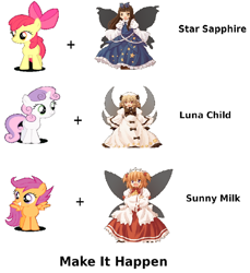 Size: 732x800 | Tagged: safe, derpibooru import, apple bloom, scootaloo, sweetie belle, cutie mark crusaders, exploitable meme, fairy, luna child, make it happen, star sapphire, star sapphire (touhou), sunny milk, touhou