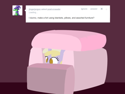 Size: 1280x960 | Tagged: safe, artist:dtcx97, derpibooru import, dinky hooves, gummy, ask, fort, pillow fort, post-crusade, solo