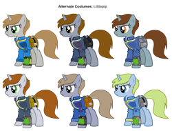 Size: 3562x2714 | Tagged: safe, artist:pika-robo, artist:rhodarein, derpibooru import, oc, oc only, oc:littlepip, pony, unicorn, fallout equestria, alternate costumes, clothes, fanfic, fanfic art, female, hooves, horn, mare, palette swap, pipbuck, recolor, saddle bag, simple background, solo, text, transparent background, vault suit