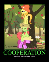 Size: 600x750 | Tagged: safe, derpibooru import, edit, edited screencap, screencap, berry punch, berryshine, marmalade jalapeno popette, peachy sweet, earth pony, pony, over a barrel, apple family member, apple tree, background pony, cowboy hat, female, hat, mare, motivational poster, pony pile, tower of pony, tree